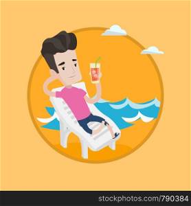 Man sitting on a chaise longue at the beach. Happy man drinking a cocktail at beach. Caucasian man resting on beach with cocktail. Vector flat design illustration in the circle isolated on background.. Man relaxing on beach chair vector illustration.