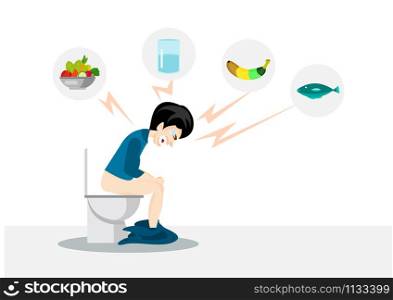 man sitting on a toilet constipation with icons fish,water ,vegetable and banana concept.