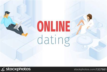 Man Sitting on Bed Home Use Computer Woman on Sofa Couple Vector Illustration. Online Internet Dating Banner Concept. Application for Love Date Flirting Romantic Communication Message. Man Sitting on Bed Home Use Computer Illustration