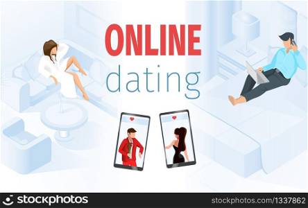 Man Sitting on Bed Woman on Sofa Couple Vector Illustration. Online Dating Application Male Female Profiles on Smartphone Screen. Application for Love Date Flirting Romantic Communication Message. Man Sitting on Bed Woman on Sofa Illustration