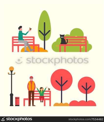 Man sitting on bench and holding bird in hands. Vector family father and daughter on seat. Autumn landscape with color trees, street lamp and bin. Man Sitting on Bench and Holding Bird in Hands