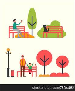 Man sitting on bench and holding bird in hands. Vector family father and daughter on seat. Autumn landscape with color trees, street lamp and bin. Man Sitting on Bench and Holding Bird in Hands