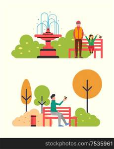 Man sitting on bench and holding bird in hands. Father and daughter walking in autumn park. Fall landscape and color trees. Vector bin and fountain. Man Sitting on Bench and Holding Bird in Hands
