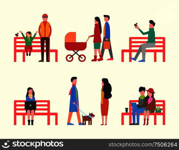 Man sitting on bench, couple and family walking together vector. Woman working on laptop, people walking pet dog on leash. Father and mother with pram. Man Sitting on Bench, Couple and Family Walking