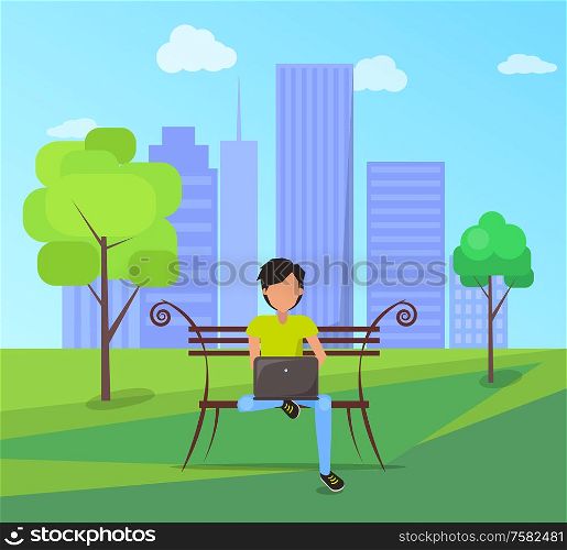 Man sitting on bench in city park on background of skyskrapers with modern laptop in free wi-fi zone vector illustration in flat design. Man Sits on Bench in City Park with Modern Laptop