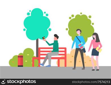 Man sitting on bench vector, male holding bird on hand spending time in park. Outdoors activities, natural environment with trees and leafy plants. Man Sitting on Bench Holding Bird on Hand in Park