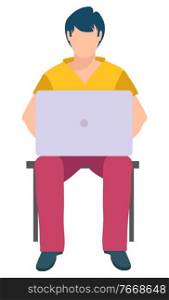 Man sitting on chair and typing on laptop isolated cartoon character. Vector business education concept, guy with notebook, freelance worker in flat design. Man Sitting on Chair and Typing on Laptop Isolated
