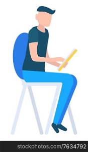 Man sitting on chair and using electronic device. Person working or studying on tablet in his hands. Male typing on touchscreen. Human isolated on white background. Vector illustration in flat style. Man Sitting on Chair and Typing on Tablet Screen