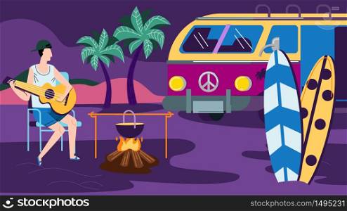 Man Sitting on Chair at Night Time Playing Guitar near Fireplace. Tourist Sparetime in Summer Beach Camp. Summertime Activity, Leisure, Vacation, Camping, Traveling. Cartoon Flat Vector Illustration. Man Sitting on Chair at Night Time Playing Guitar