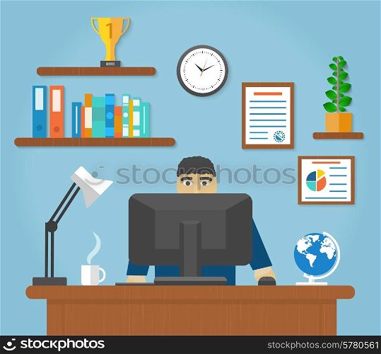 Man sitting on chair at table in front of computer monitor and shining lamp cartoon flat design style