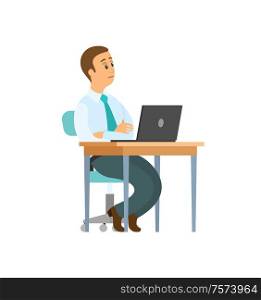 Man sitting on chair at table with computer with crossed hands. Isolated office worker at work place, open notebook on desktop vector male person in tie. Worker on Chair, Notebook and Table, Crossed Hands
