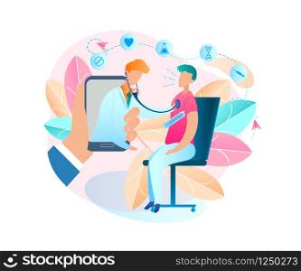 Man Sitting on Chair Measuring Body Temperature. Vector Illustration Male Hand Holding Mobile Phone. Online Consultation Doctor. Patient Examinations. Virus Disease. Male Pediatrician Monitor Device