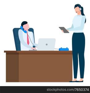 Man sitting on chair near table with laptop, typing and has telephone conversation. Manager woman standing near with tablet. Office workers in corporate business. Vector illustration in flat style. People in Office, Man Talk on Phone about Business