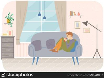 Man sitting on couch drinking coffee or tea. Person spends time at home alone vector illustration. Guy resting with drink on comfortable sofa. Male character in apartment during day off, weekend. Man sitting on couch drinking coffee or tea in apartment. Person spends time at home alone