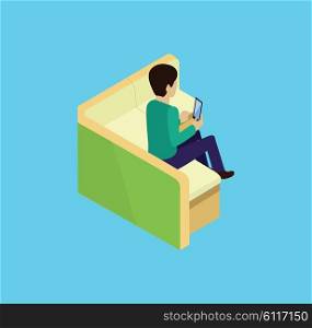 Man sitting on couch isomertic icon isolated. Man sitting, couch or sofa, adult person man relaxation, comfortable couch, guy resting, couch furniture, man with tablet, man relax on couch illustration