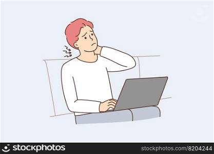 Man sitting on couch working on laptop suffer from neck ache. Unhealthy guy struggle from backache using laptop. Sedentary lifestyle concept. Vector illustration.. Man work on laptop suffer from backache