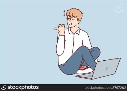 Man sitting on floor with laptop and looking back pointing finger doing college assignment. Casual guy freelancer enjoys remote work for internet companies or start-ups. Flat vector design . Man sitting on floor with laptop and looking back pointing finger doing online working. Vector image