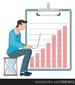 Man sitting on hourglass and typing on laptop, clipboard with growing graphs on background. Vector isolated businessman, time management concept. Business education. Man Sits on Hourglass Typing on Laptop, Clipboard