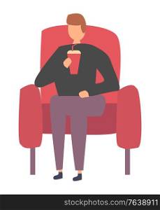 Man sitting on red armchair with soda drink isolated cartoon character. Vector movie seat and person with cola beverage, male in cinema flat style design. Man Sitting on Red Armchair Drinking Soda Isolated