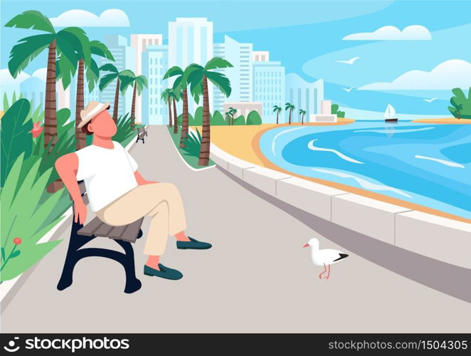 Man sitting on seafront street bench flat color vector illustration. Summer recreation. Tourist relaxing, enjoying waterfront view. Holidaymaker 2D cartoon character with city on background. Man sitting on seafront street bench flat color vector illustration