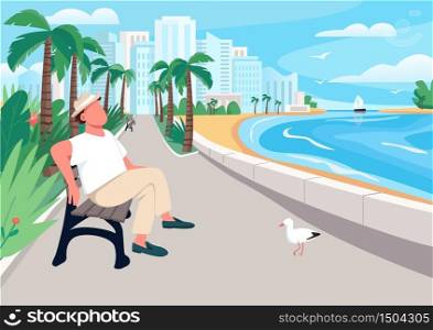 Man sitting on seafront street bench flat color vector illustration. Summer recreation. Tourist relaxing, enjoying waterfront view. Holidaymaker 2D cartoon character with city on background. Man sitting on seafront street bench flat color vector illustration