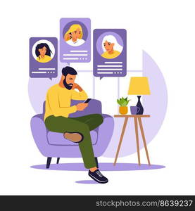 Man sitting on sofa with phone. Friends talking on phone. Dating app, application or chat concept. Flat style. Vector illustration isolated on white.