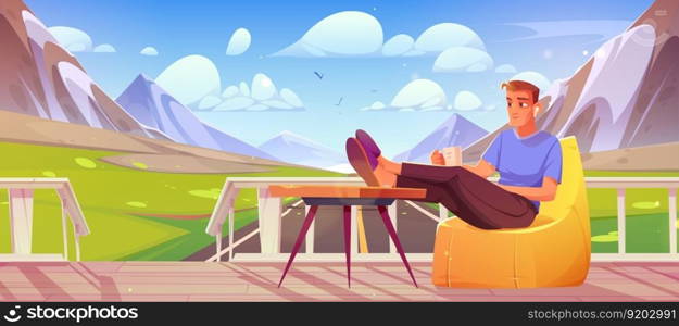 Man sitting on terrace with road and mountain view. Summer illustrated horizon with green grass meadows and mountains. Armchair on house terrace for morning coffee mug and relax with earphones music. Man sitting on terrace with road and mountain view