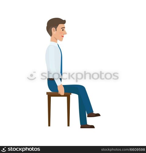 Man sitting on the chair in suit side view. Man at endless work seven days a week. Working moments at the office. Vector illustration of sitting person on chair isolated on white background. Man Sitting on Chair in Suit Side View Isolated