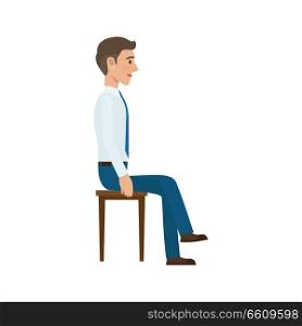 Man sitting on the chair in suit side view. Man at endless work seven days a week. Working moments at the office. Vector illustration of sitting person on chair isolated on white background. Man Sitting on Chair in Suit Side View Isolated