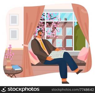 Man sitting on windowsill at home, relaxing reading newspaper near window with cityscape, nice spring flowering tree with pink flowers. Male character rest in cozy interior, spend time at home. Man sitting on windowsill at home, relaxing reading newspaper near window with spring cityscape