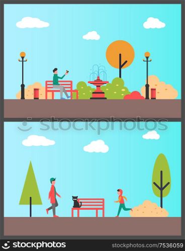 Man sitting on wooden bench in autumn park, sport boy vector. Teenager running working out in nature. Person holding bird in hand, garden exterior. Man Sitting on Bench in Autumn Park, Sport Boy