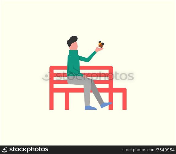 Man sitting on wooden bench playing with birdie isolated vector. Autumn relaxation seat, male having calm days with fauna. Person in peace flat style. Man Sitting on Wooden Bench Playing with Birdie