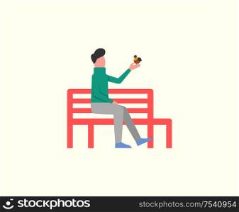 Man sitting on wooden bench playing with birdie isolated vector. Autumn relaxation seat, male having calm days with fauna. Person in peace flat style. Man Sitting on Wooden Bench Playing with Birdie
