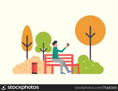 Man sitting with bird in autumn fall season park vector. Male relaxing on nature, trees and bushes with leaves foliage. Autumnal scenery, flora fauna. Man Sitting with Bird in Autumn Fall Season Park
