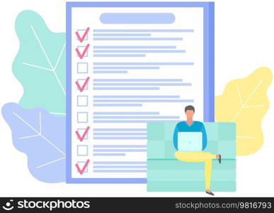 Man sitting with laptop near big paper clipboard with check marks, to do list. Successful time management, schedule planning. Male character with checklist, task planner program on computer. Male character with checklist, task planner program on computer. Man sits with laptop near clipboard