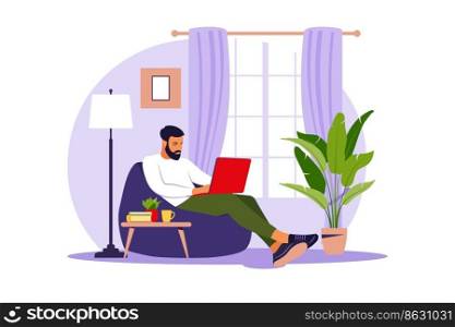 Man sitting with laptop on bean bag chair. Concept illustration for working, studying, education, work from home. Flat. Vector illustration.