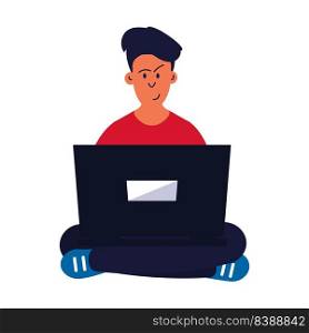 Man sitting with laptop vector illustration. Young person with business computer and work on internet. Character  office job and professional working employee. Workplace at home and guy freelancer