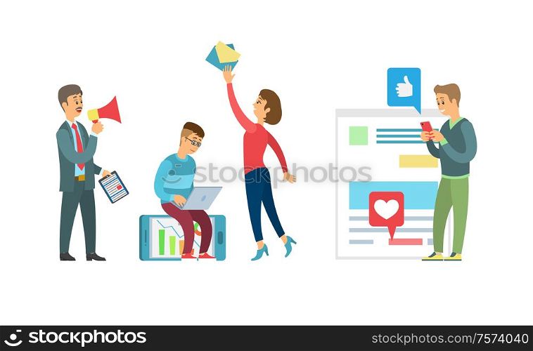 Man sitting with laptop, woman holding letter, manager with loudspeaker and standing person with phone. Portrait view of workers, using gadgets vector. Portrait View of Workers, Using Gadgets Vector