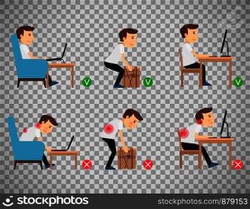 Man sitting, working and lifting heavy things correct and incorrect postures. Vector illustration isolated on transparent background. Man sitting and working correct postures