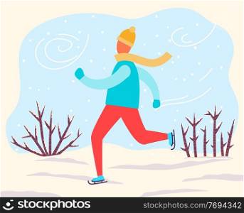 Man skating in park or forest alone. Guy spend leisure time doing his hobby. Outdoor activity in winter, windy cold weather. Landscape with snowy shrubs and ground. Vector illustration in flat style. Guy Skating in Forest, Winter Outdoor Activity