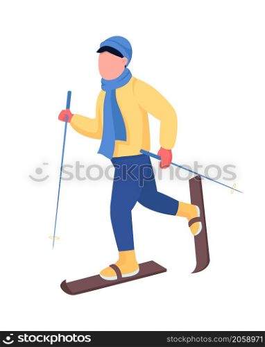 Man skiing semi flat color vector character. Dynamic figure. Full body person on white. Active winter recreation isolated modern cartoon style illustration for graphic design and animation. Man skiing semi flat color vector character