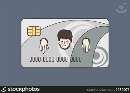 Man slave in credit card suffer from bankruptcy or overspending. Unhappy male client have financial problems with bank. Finance and budget debt concept. Flat vector illustration.. Man slave have financial problems and debts