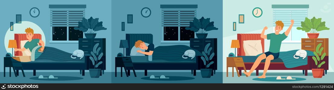 Man sleep in home bed room. Happy male character sleeping in bed at night and wake up morning. Healthy sleep vector illustration. Awake man in light room, bedroom morning, wake person. Man sleep in home bed room. Happy male character sleeping in bed at night and wake up morning. Healthy sleep vector illustration