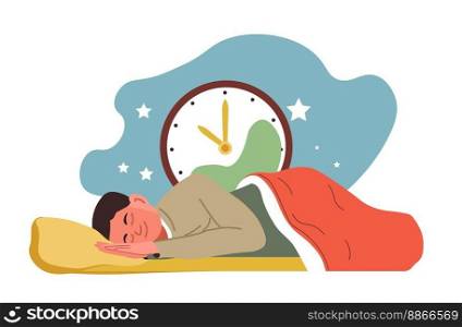 man sleeping at night, isolated male personage caring for health. Balanced sleeping habit. Fasting and gaining resources for next day. Comfortable bed and pillows in bedroom. Vector in flat style. Balanced sleeping habit, man sleeping at night