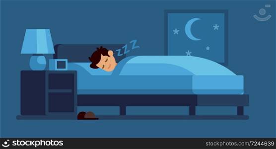 Man sleeping. Cartoon guy lies on bed under duvet at night, comfortable sleep time at home, vector flat illustration on blue colored interior background. Man sleeping. Guy lies on bed under duvet at night, comfortable sleep time at home, vector flat illustration on interior background