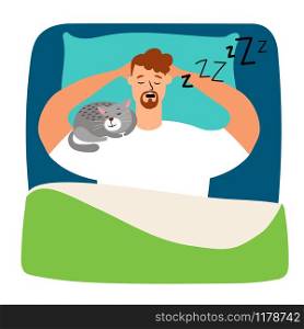 Man sleeping in bed. Cute guy chilling at home with comfortable cat in relaxing position vector illustration. Man sleeping in bed with cat