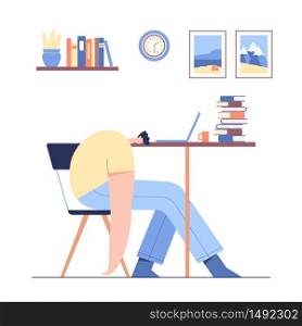 Man sleeping on the table. Tired male modern character working at laptop and hard learning. Student studying and preparing for examination. Flat vector illustration.