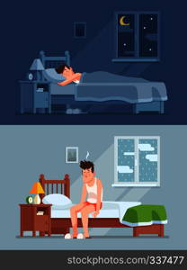 Man sleeping under duvet at night, waking up morning with bed hair and feeling sleepy and tired. Sleep disorder, insomnia cartoon vector concept. Man sleeping under duvet at night, waking up morning with bed hair and feeling sleepy. Sleep disorder cartoon vector concept