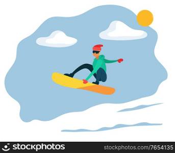 Man sliding on snowboard on mountain hill. Snowboarder doing his hobby. Snowboarding or extreme sport, recreational wintertime activity. Person in forest or wood. Vector illustration in flat style. Man Riding on Snowboard, Extreme Winter Sport