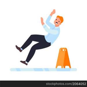 Man slipping on wet floor. Guy falling down. Vector illustration. Man slipping on wet floor. Guy falling down